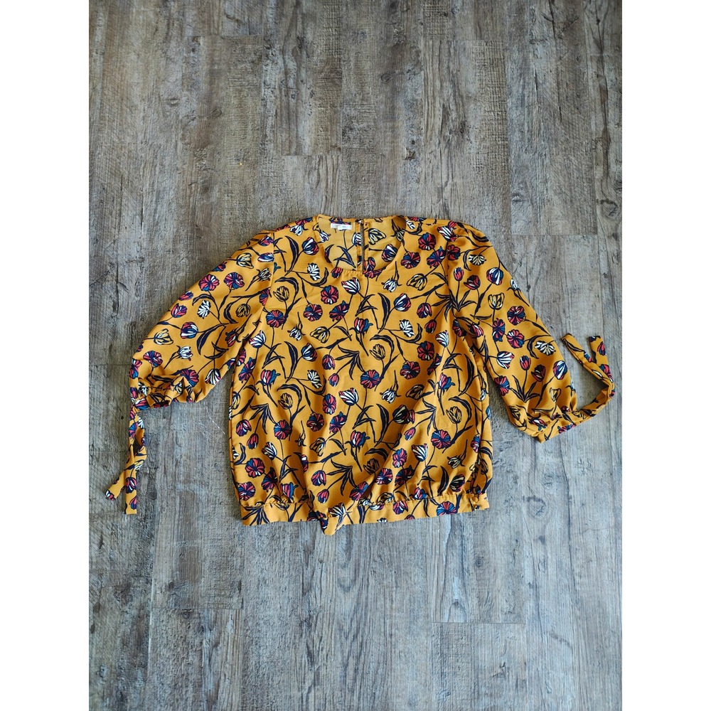 Women's Large Maurice's Mustard Floral Puff Sleeve Blouse Fall Casual Flowy